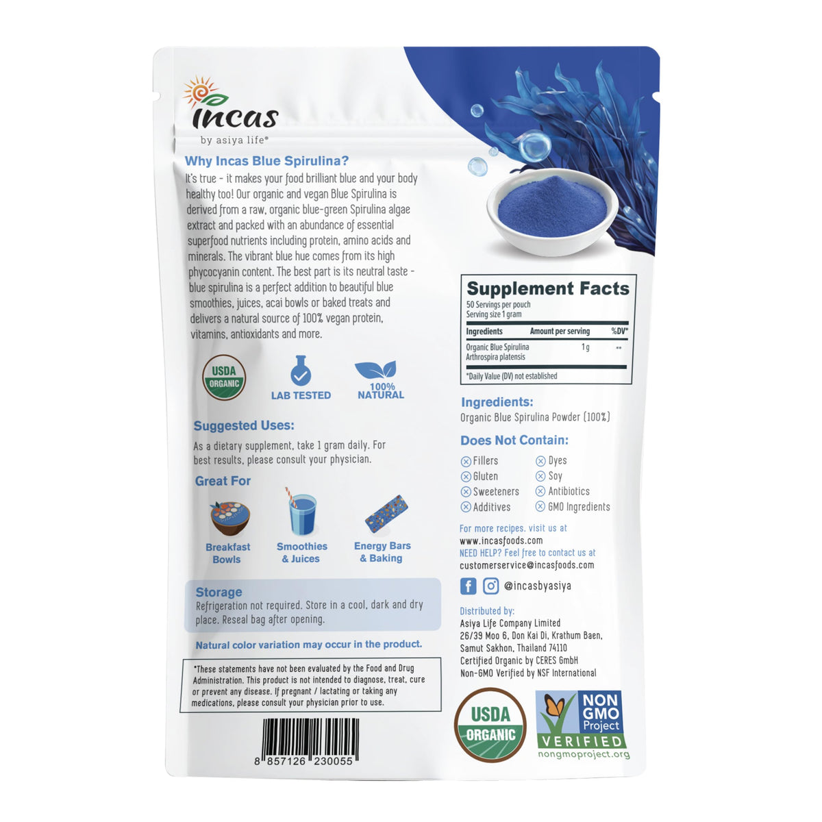Poudre de Spiruline Bleue Incas 50g dans un bol avec des fruits