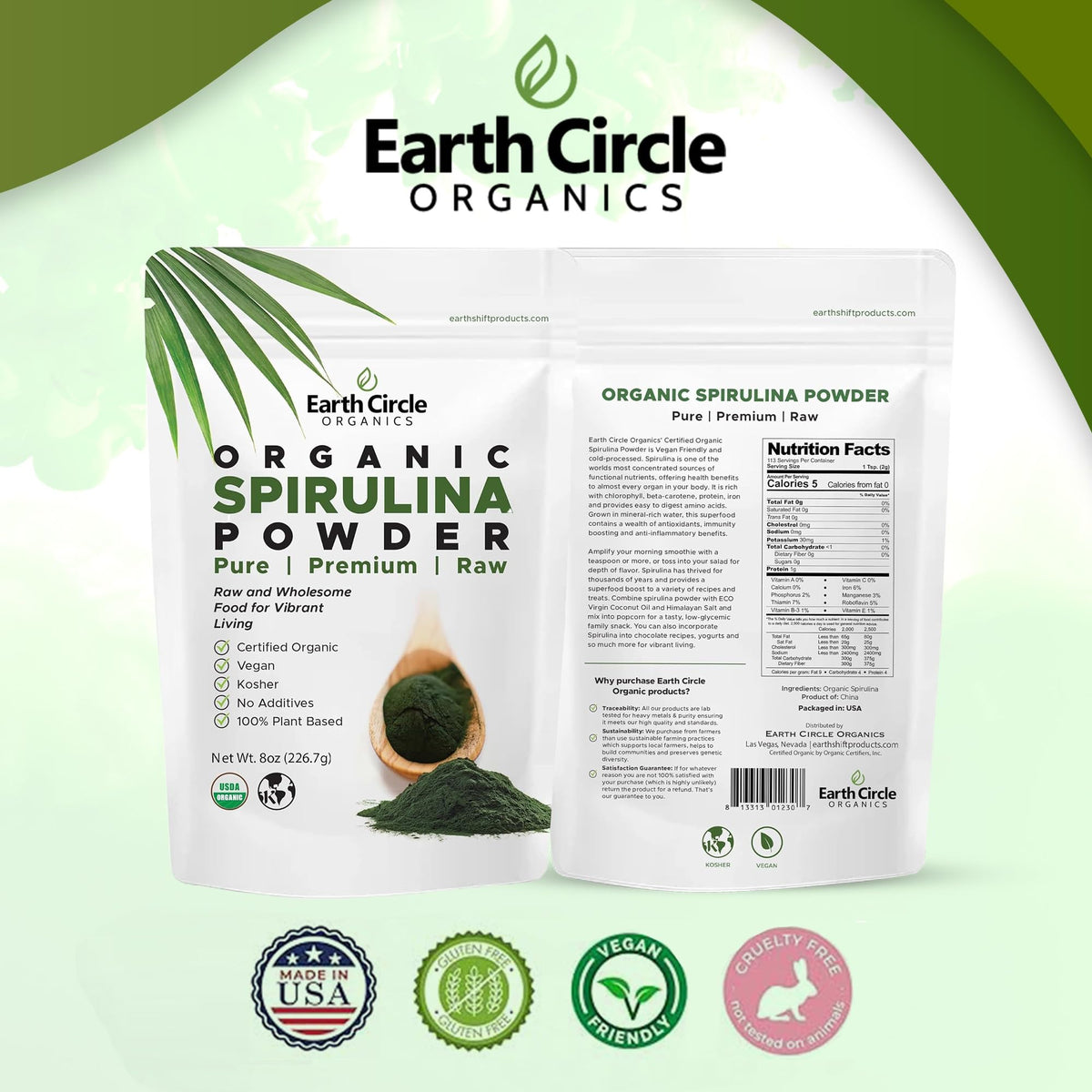Poudre de spiruline Earth Circle Organics dans un bol