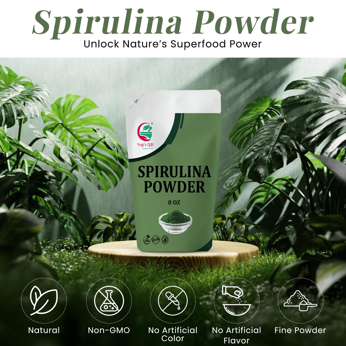 Poudre de spiruline YOGI’S GIFT dans un bol avec cuillère