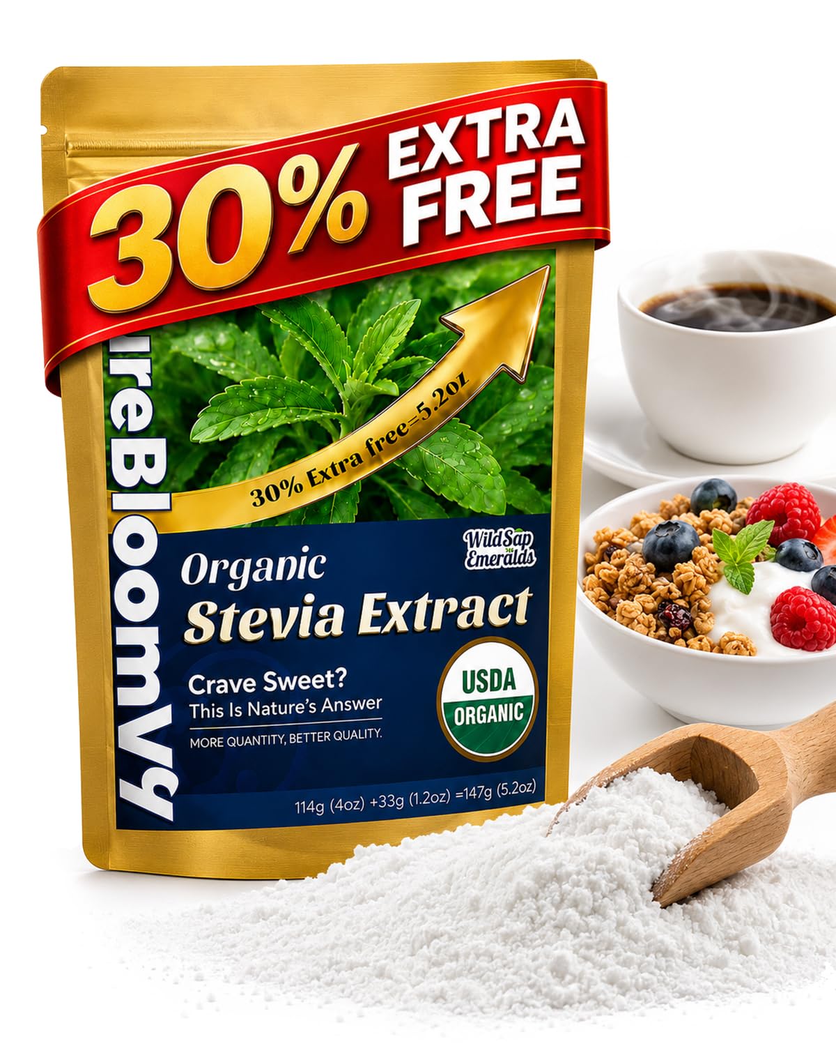Poudre de Stévia Bio WildSap Emeralds 147g sachet avant