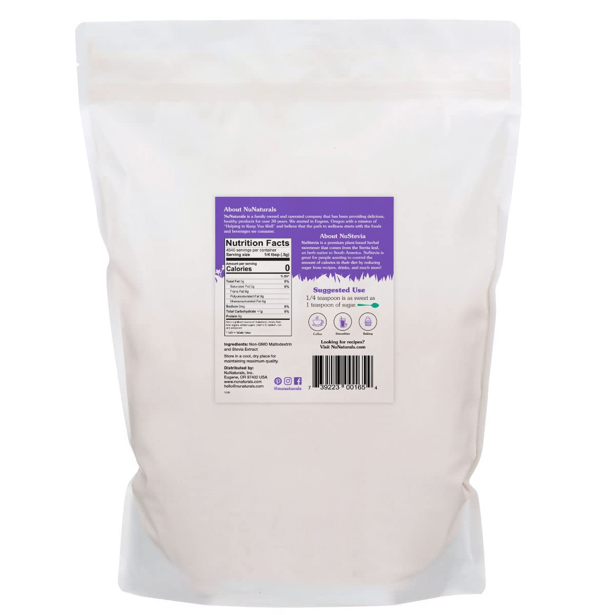Poudre de stevia blanche Nunaturals en cuillère