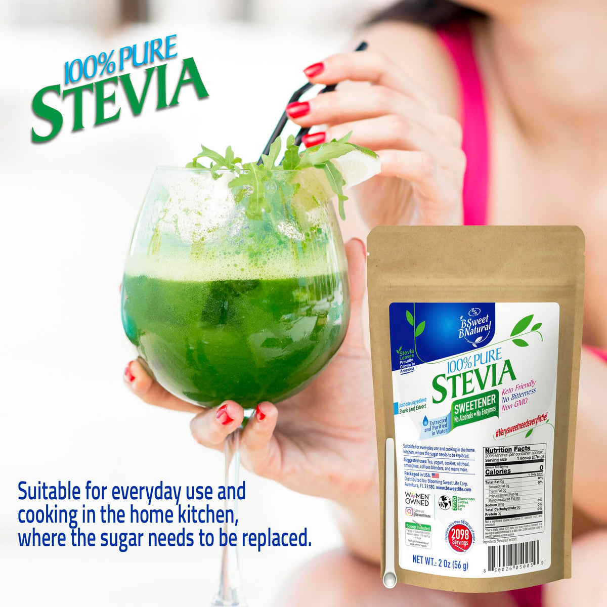 Poudre de Stevia BSL BSWEETBNATURAL à côté d'un verre d'eau