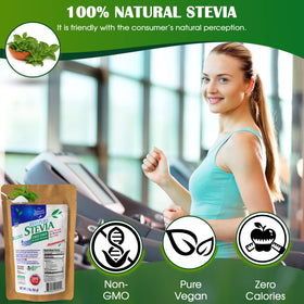 Poudre de Stevia BSL BSWEETBNATURAL sur une table avec une tasse de thé