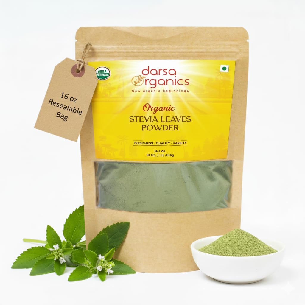 Poudre de Stevia Pure Darsa Organics 472g vue avant avec emballage