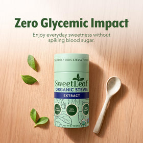 Poudre de Stévia SweetLeaf à côté de fruits frais