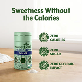 Poudre de Stévia SweetLeaf, cuillère de poudre sur fond blanc