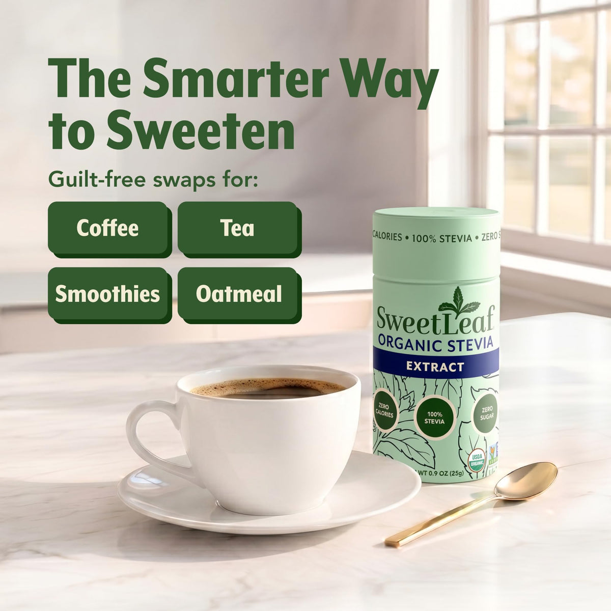 Poudre de Stévia SweetLeaf sur un fond en bois naturel