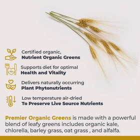 Poudre de super aliments Premier Organic Greens dans un verre avec de l'eau