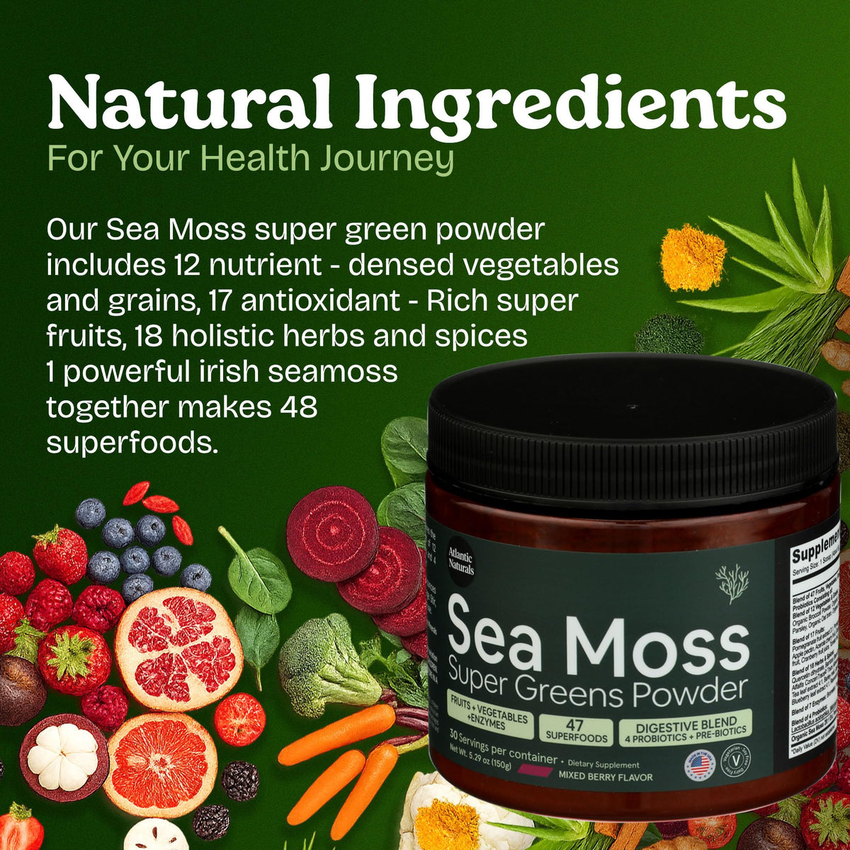 Poudre de super greens Atlantic Naturals dans un smoothie