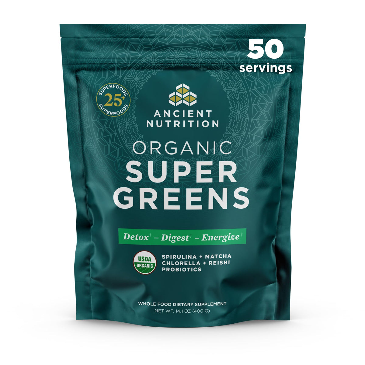 Poudre de Super Greens Bio Ancient Nutrition 440g vue de face