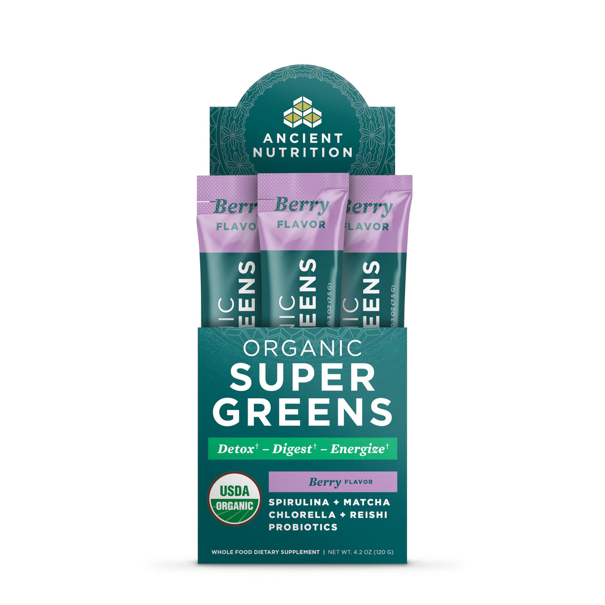 Poudre de Super Greens Bio Ancient Nutrition, vue de face