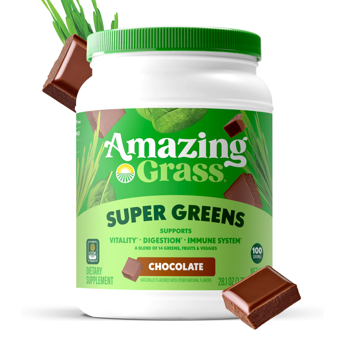 Poudre de Super Greens Bio Chocolat Amazing Grass sur une table