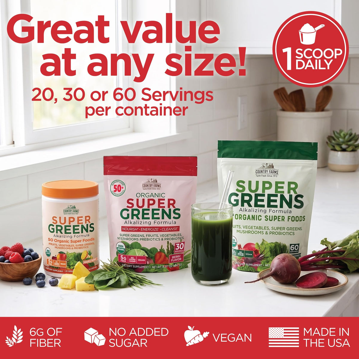 Poudre de Super Greens Bio Country Farms à côté d'un verre d'eau