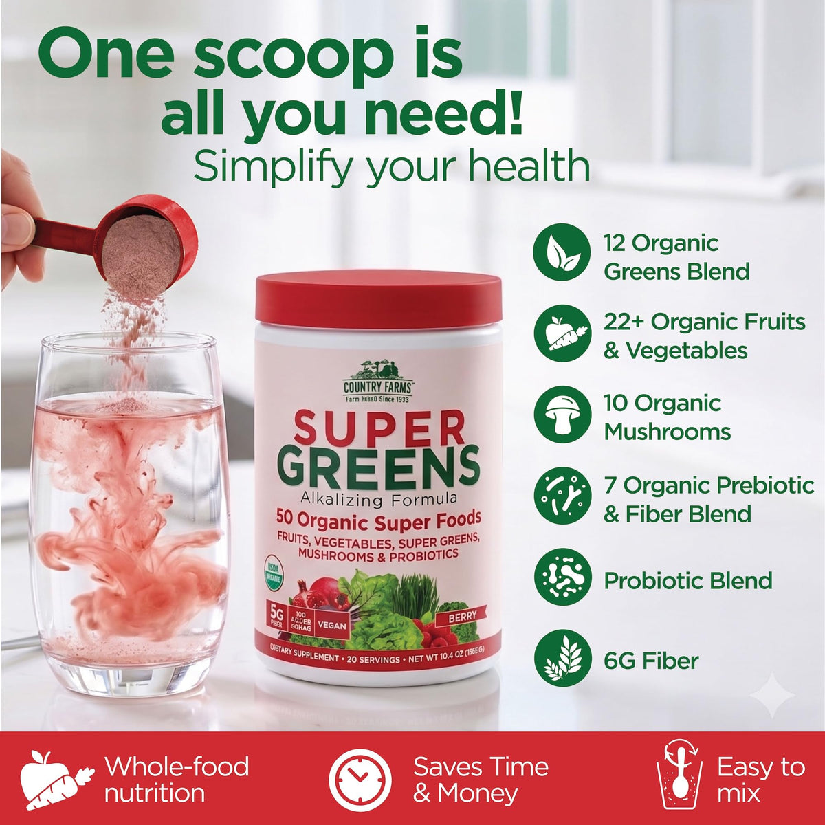 Poudre de Super Greens Bio Country Farms dans un bol