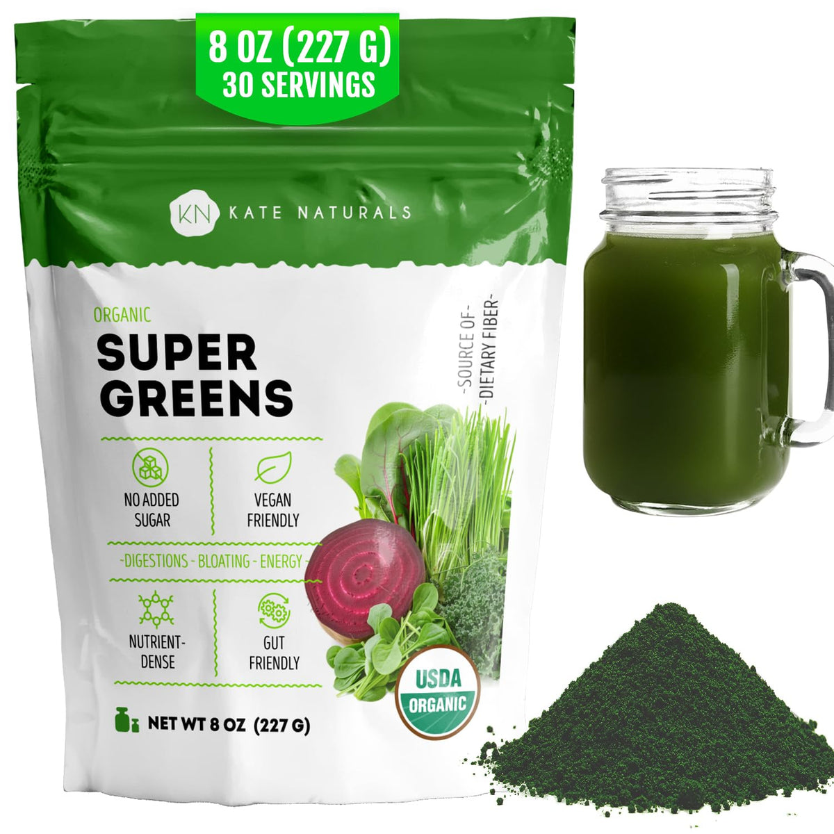 Poudre de Super Greens Bio Kate Naturals vue de face, emballage
