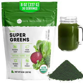Poudre de Super Greens Bio Kate Naturals vue de face, emballage