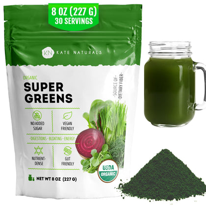 Poudre de Super Greens Bio Kate Naturals vue de face, emballage