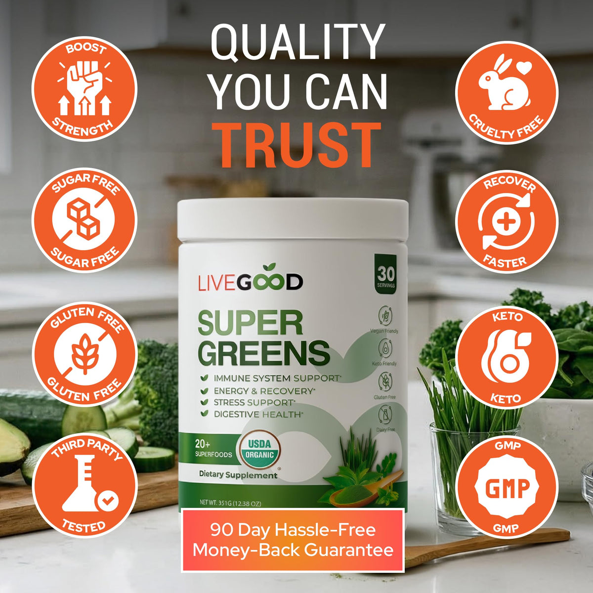 Poudre de Super Greens Bio LIVEGOOD avec des fruits frais
