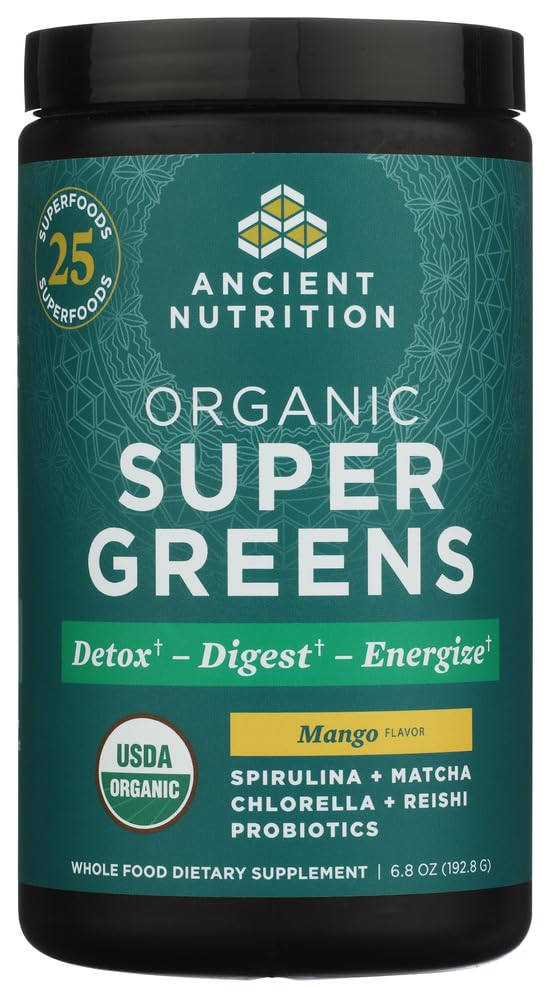 Poudre de Super Greens Bio Mangue d'Ancient Nutrition vue de face