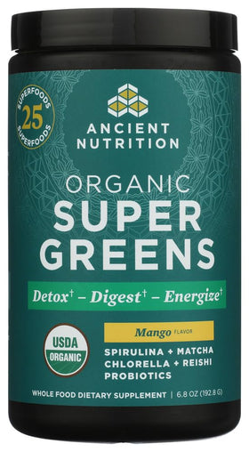 Poudre de Super Greens Bio Mangue d'Ancient Nutrition vue de face