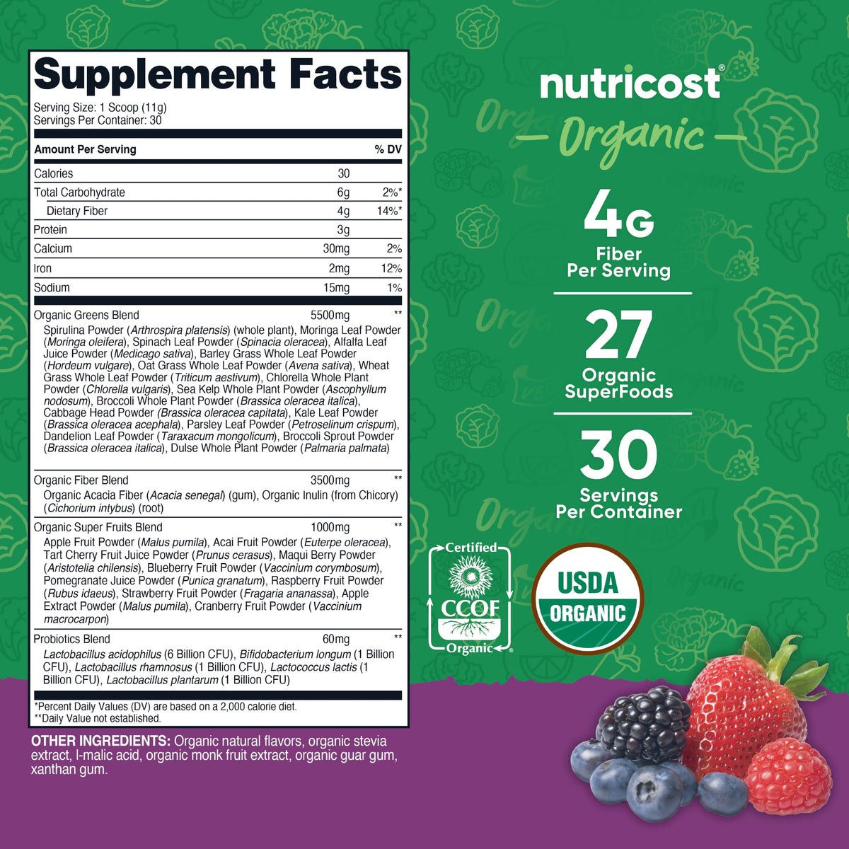 Poudre de super greens bio Nutricost avec cuillère doseuse à côté