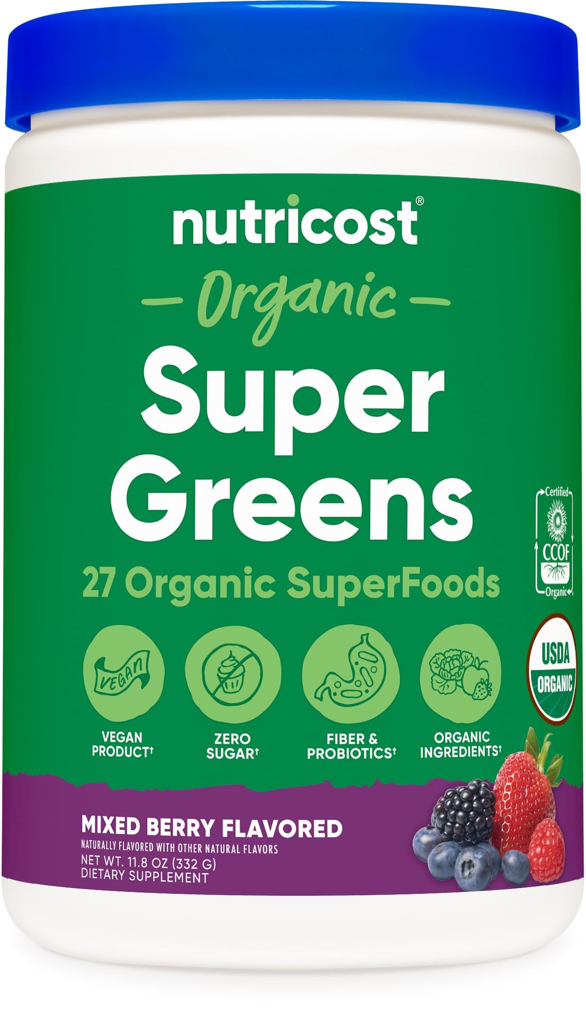 Poudre de super greens bio Nutricost saveur baies mélangées vue de face