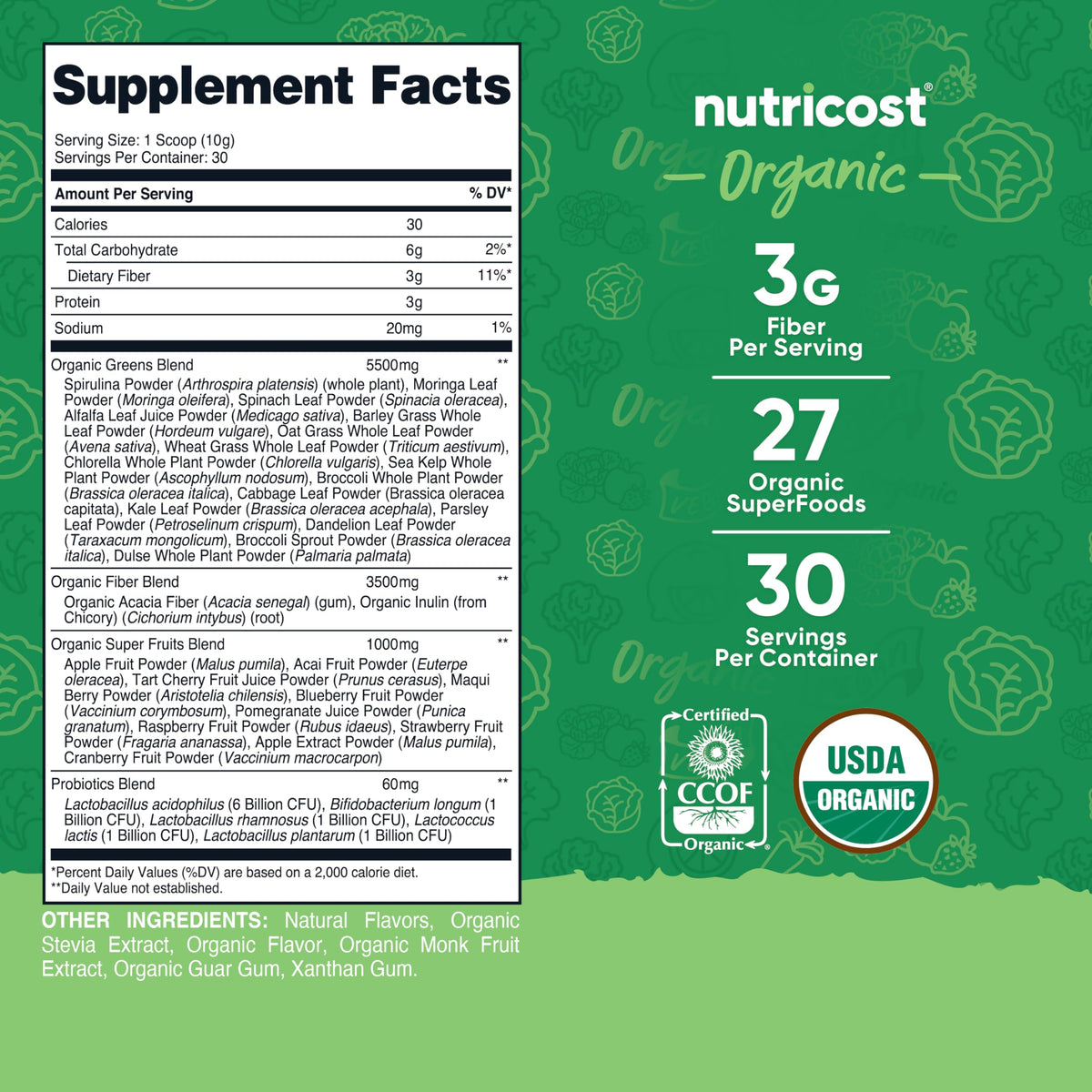 Poudre de super greens bio Nutricost versée dans une cuillère