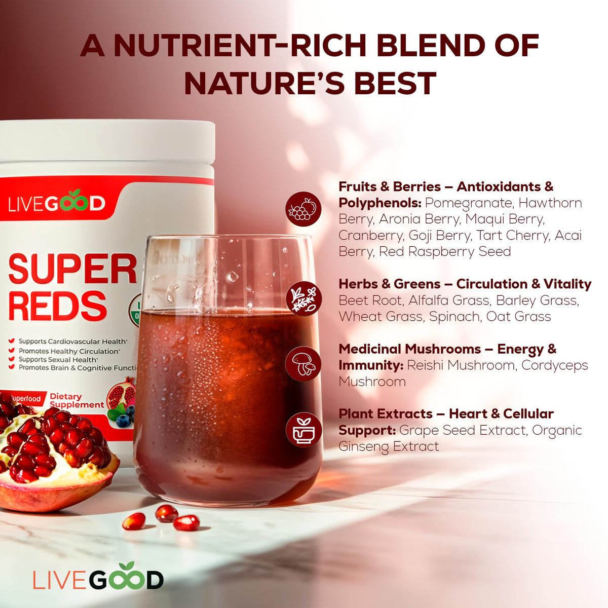 Poudre de superaliment LIVEGOOD Super Reds dans un smoothie