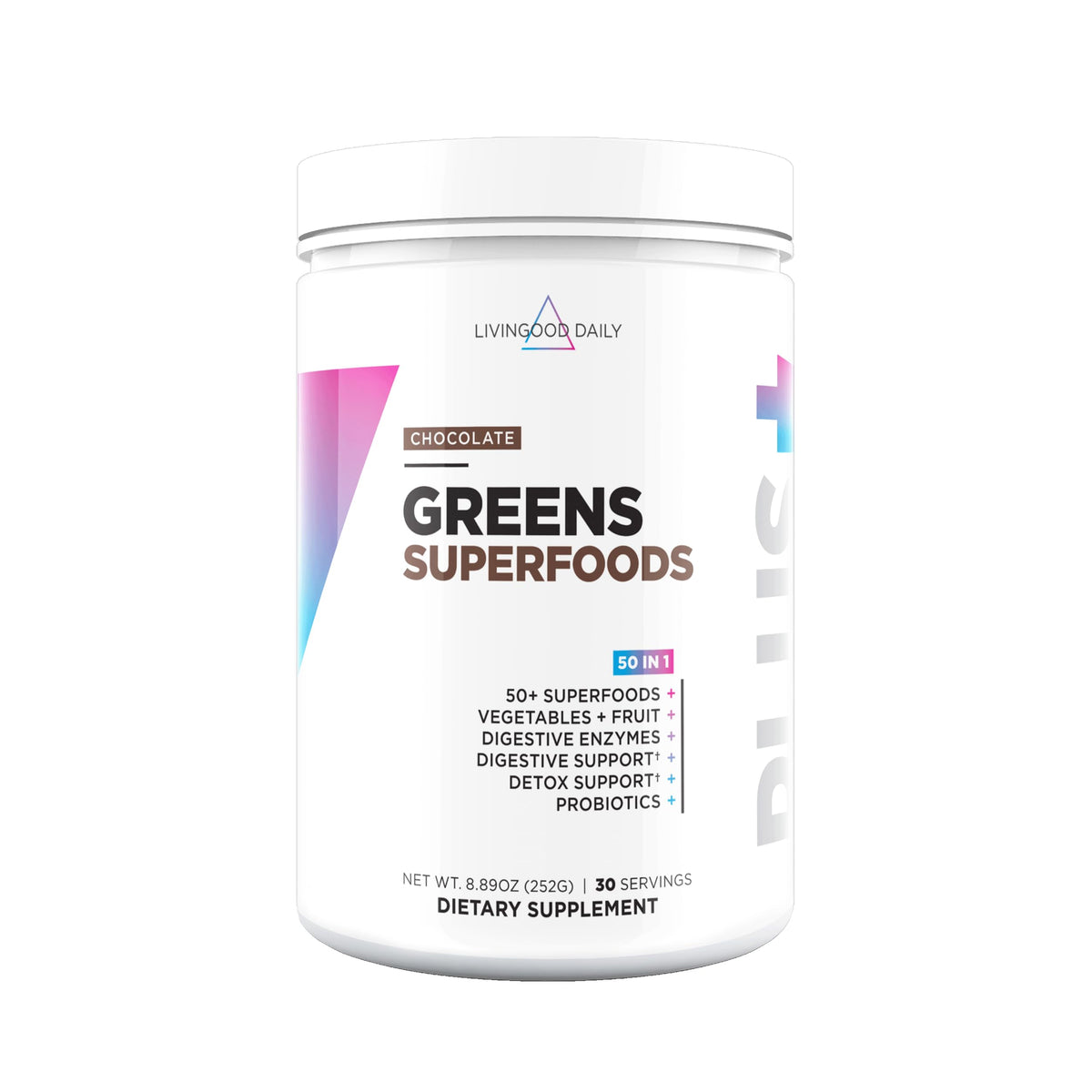 Poudre de superaliment Livingood Daily 50+ Greens au chocolat, vue de face