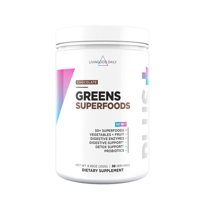 Poudre de superaliment Livingood Daily 50+ Greens au chocolat, vue de face