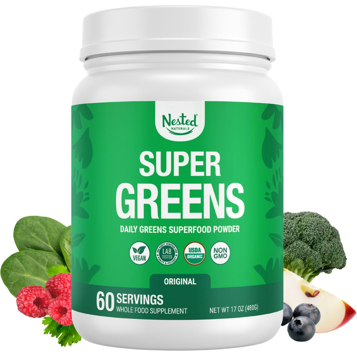 Poudre de superaliment Nested Naturals Super Greens 590g vue de face