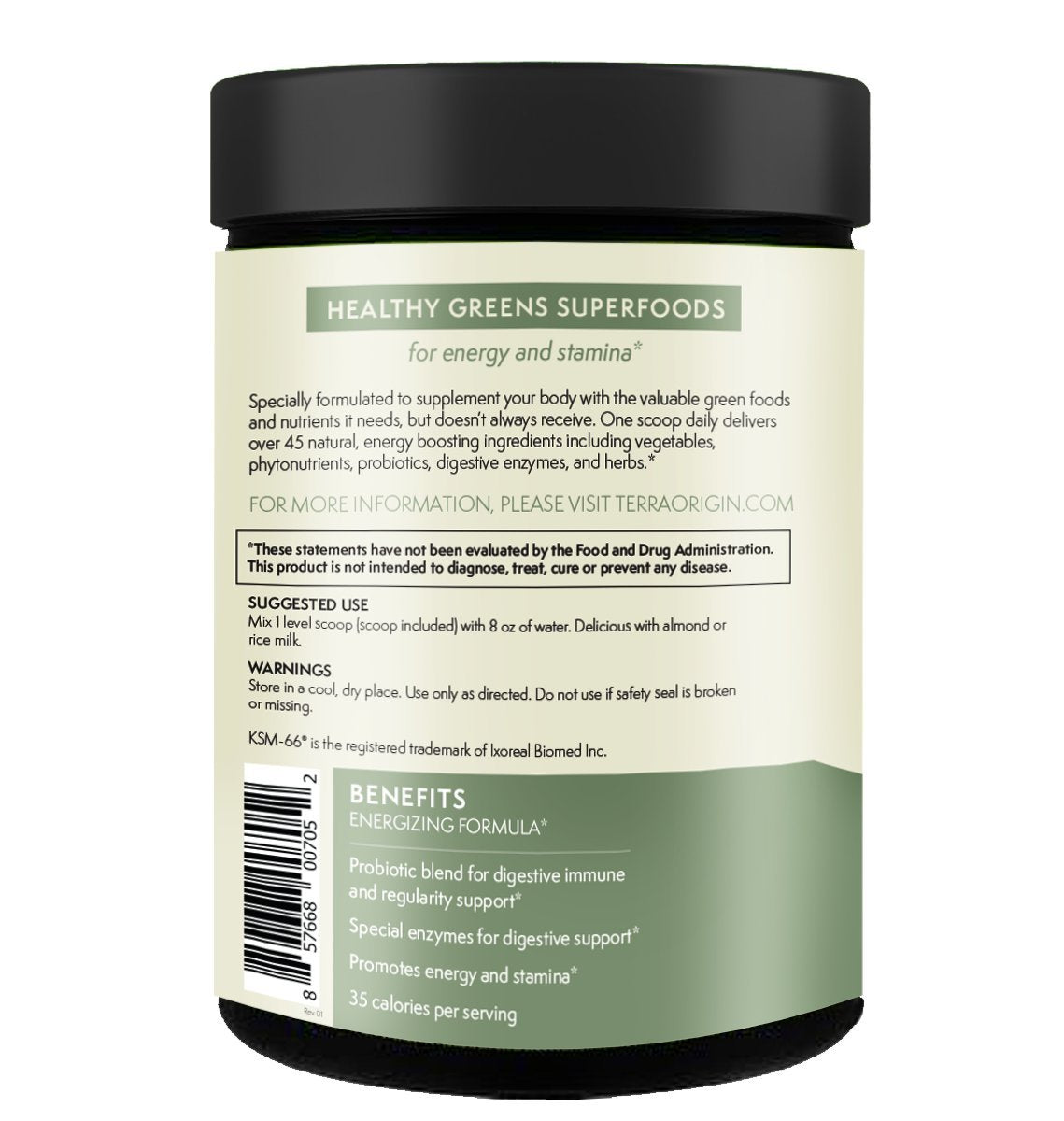 Poudre de superaliments verts TERRA ORIGIN mélangée avec des fruits