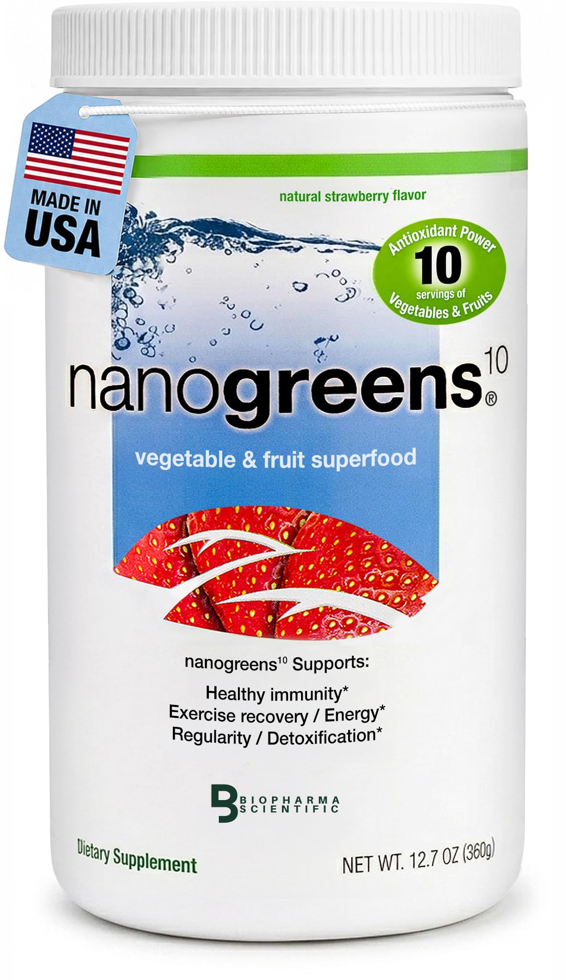 Poudre de superfood Biopharma Scientific NanoGreens au goût fraise, vue de face