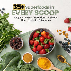 Poudre de superfoods rouges et verts Peacock Max avec d'autres compléments alimentaires