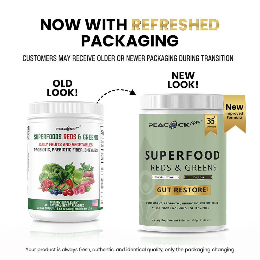 Poudre de superfoods rouges et verts Peacock Max dans un bol avec cuillère