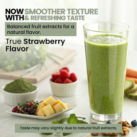 Poudre de superfoods rouges et verts Peacock Max en gros plan sur la texture