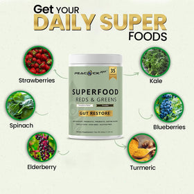 Poudre de superfoods rouges et verts Peacock Max en mélange avec un smoothie