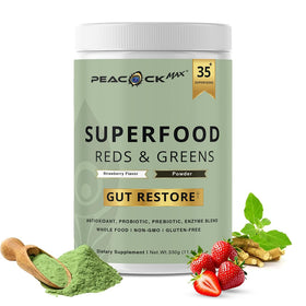 Poudre de superfoods rouges et verts Peacock Max vue avant avec étiquette