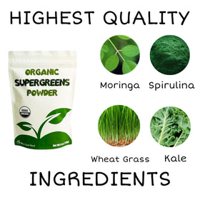 Poudre de Supergreens avec des ingrédients naturels autour