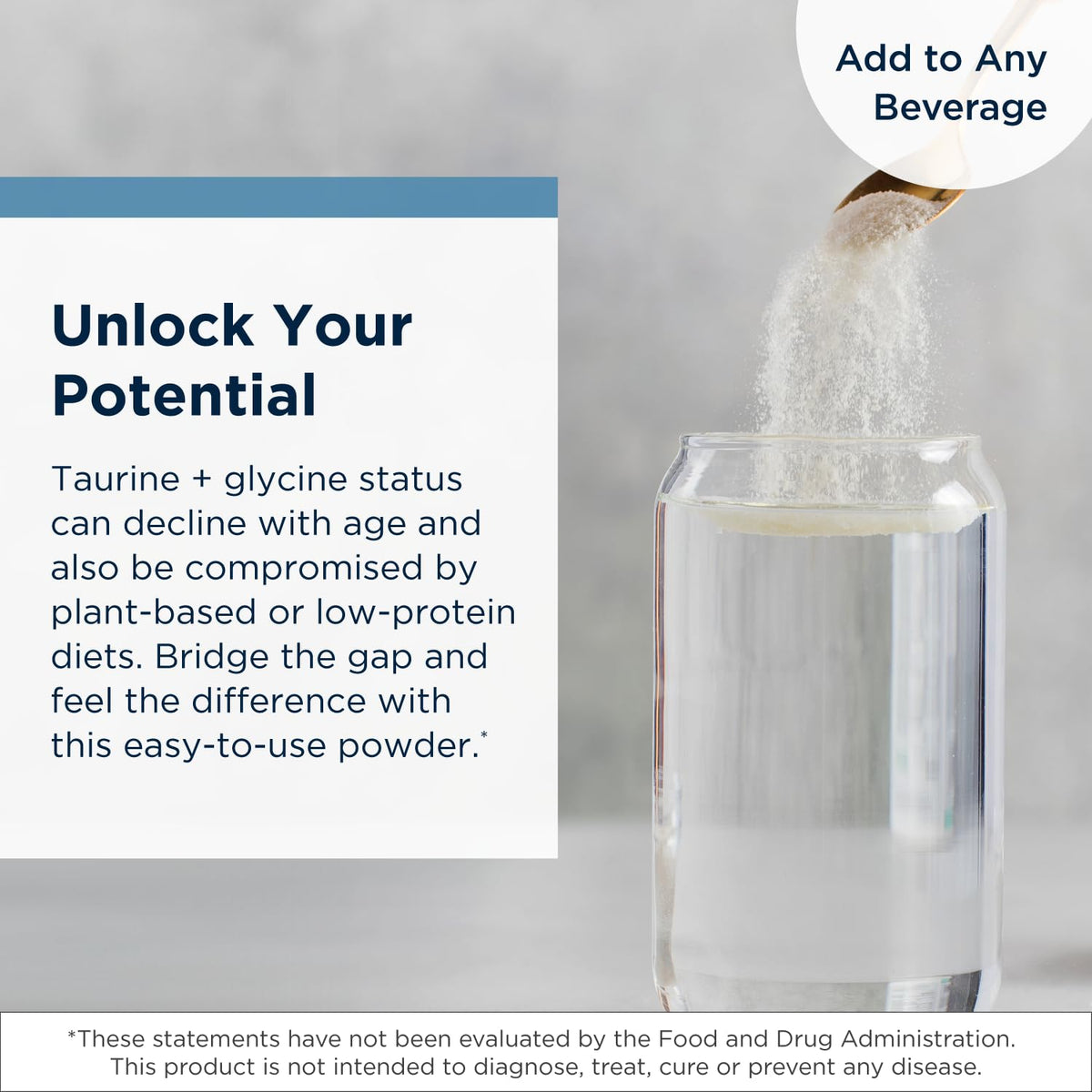 Poudre de Taurine + Glycine Designs for Health dans un verre d'eau