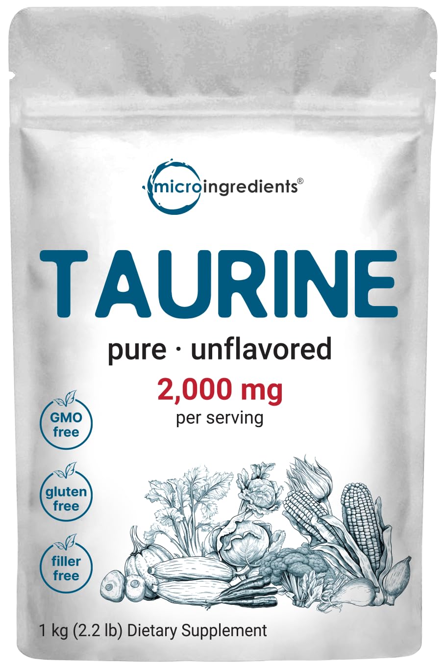 Poudre de taurine Micro Ingredients 1 kg vue avant avec emballage