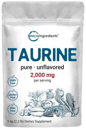 Poudre de taurine Micro Ingredients 1 kg vue avant avec emballage