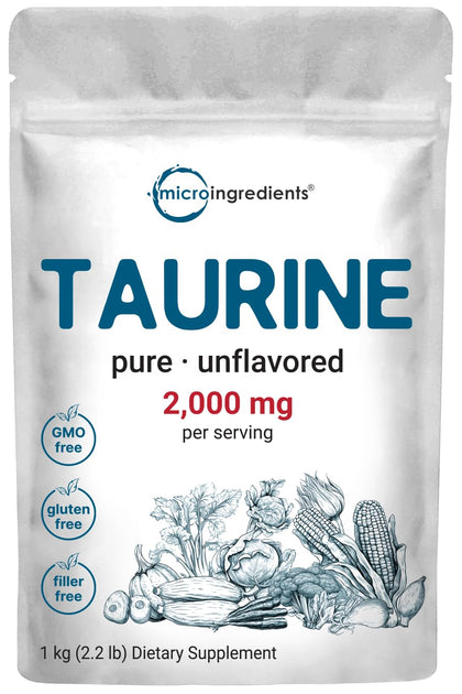 Poudre de taurine Micro Ingredients 1 kg vue avant avec emballage