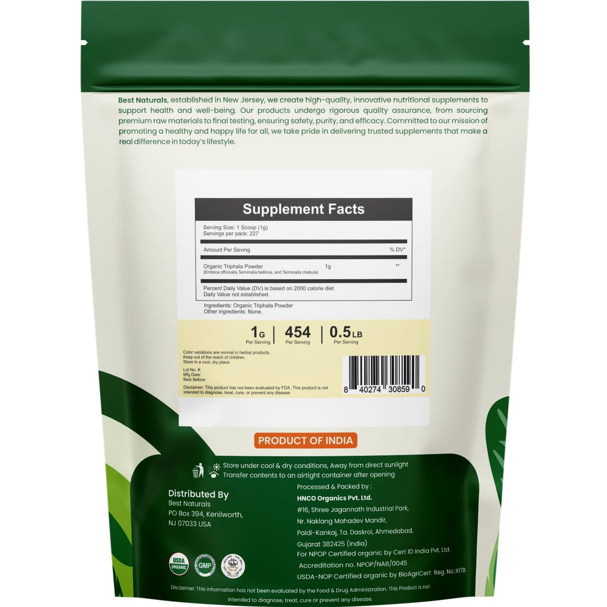 Poudre de Triphala Bio Best Naturals avec cuillère doseuse
