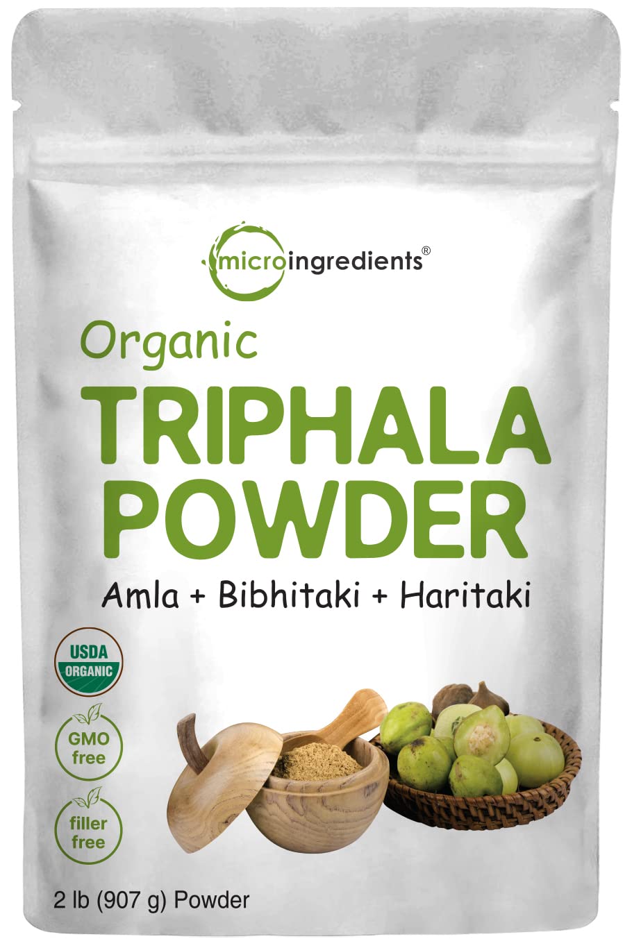 Poudre de Triphala Bio Micro Ingredients 930g vue avant avec emballage