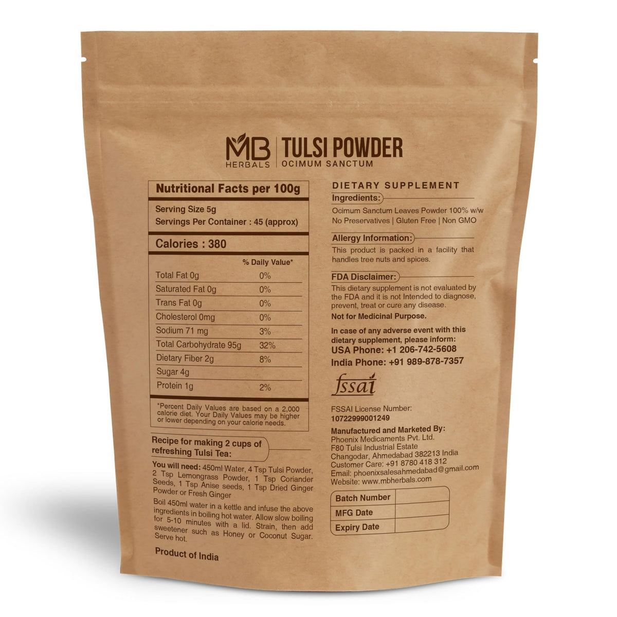 Poudre de Tulsi MB Herbals 240g, détail des feuilles de tulsi