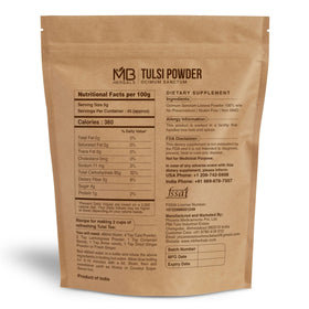 Poudre de Tulsi MB Herbals 240g, détail des feuilles de tulsi