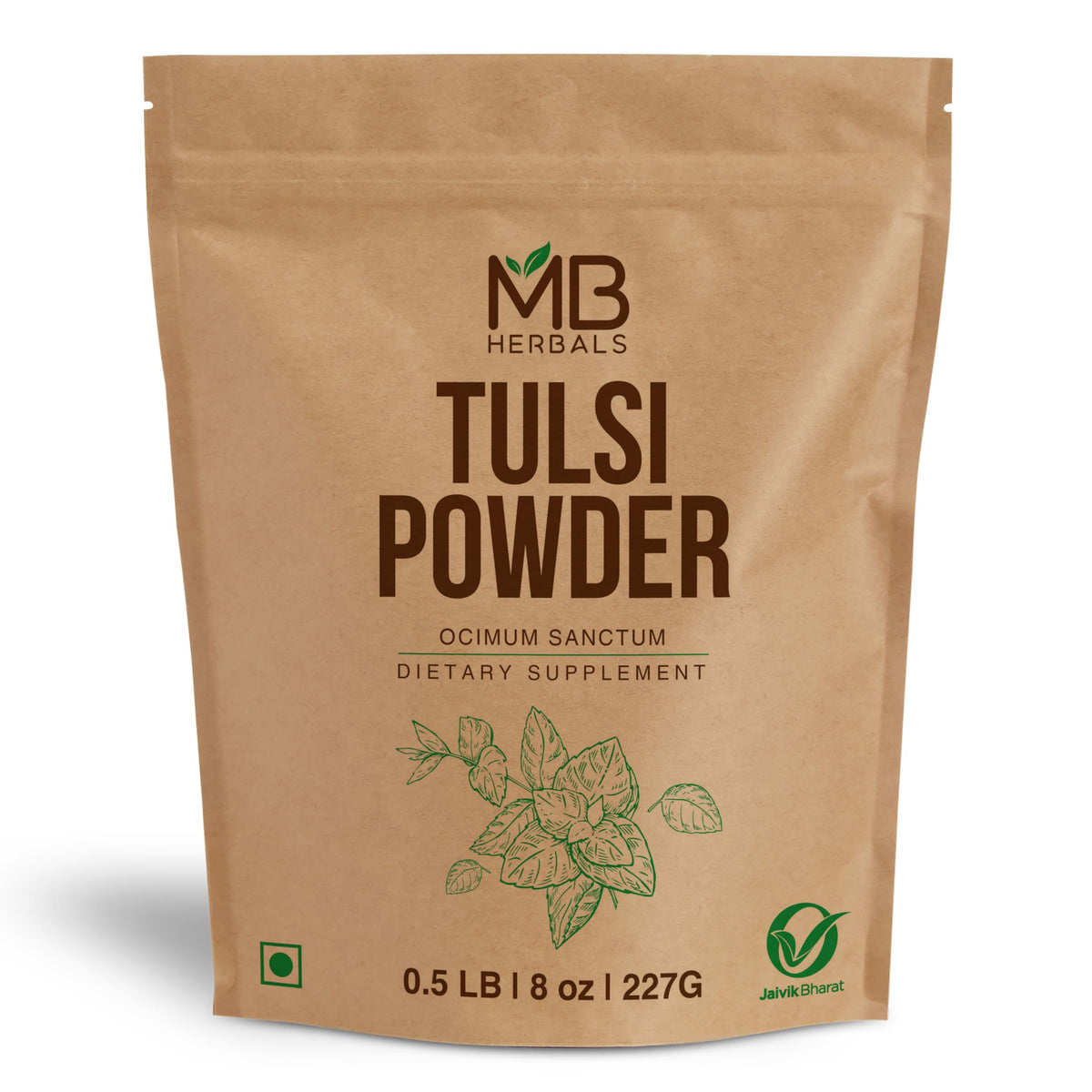 Poudre de Tulsi MB Herbals 240g, vue de face avec emballage