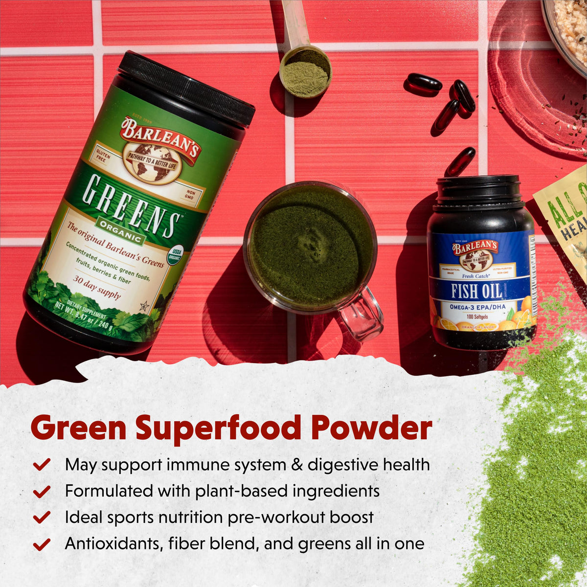 Poudre de Verts Barlean's mélangée dans un smoothie