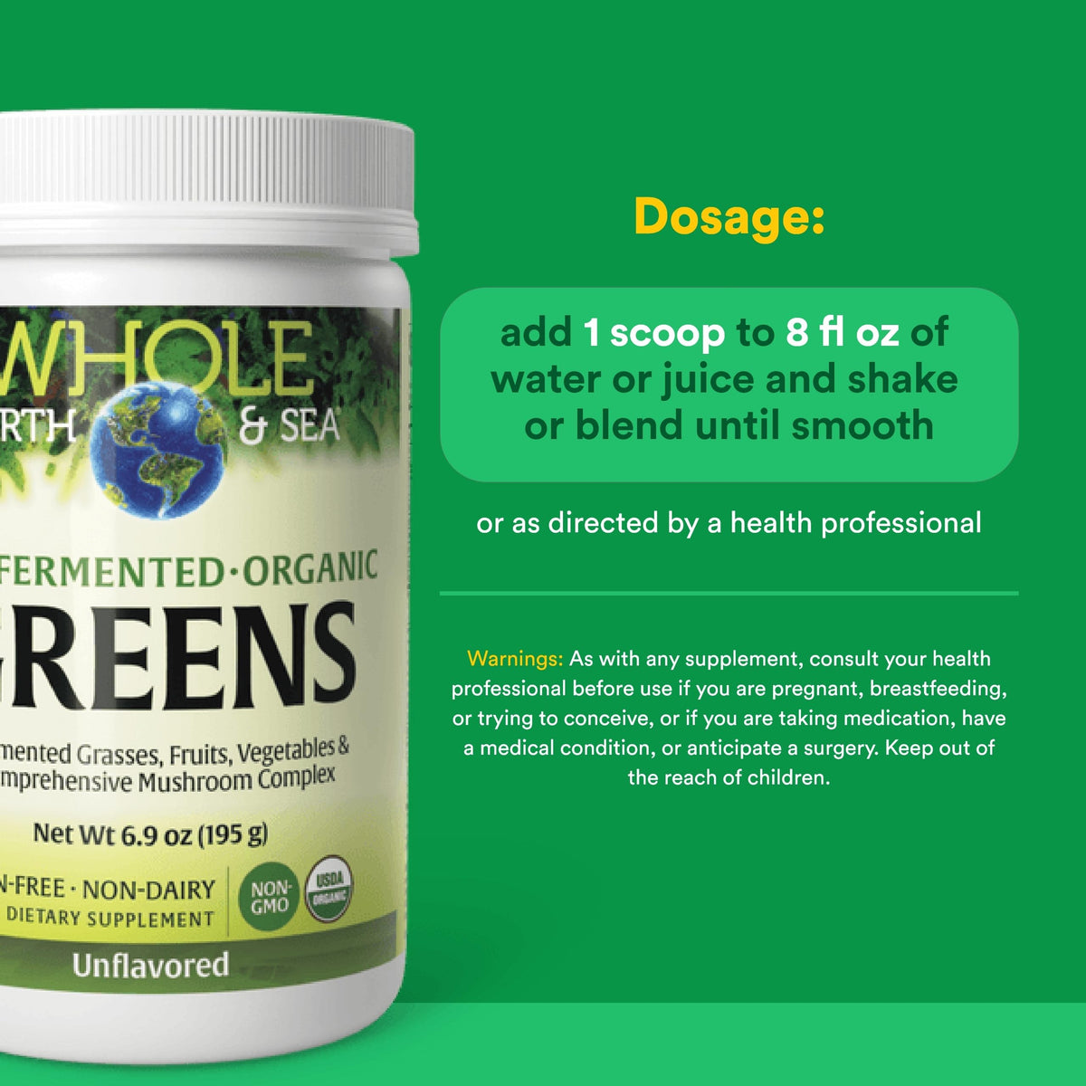 Poudre de Verts Bio Natural Factors 272g dans un verre d'eau